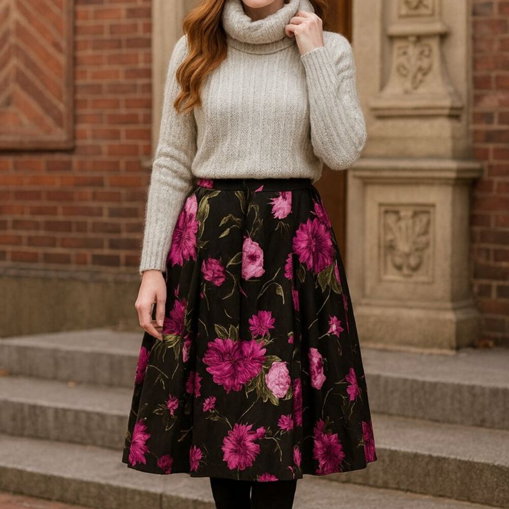 Talbots Black and Pink Floral A-Line Skirt